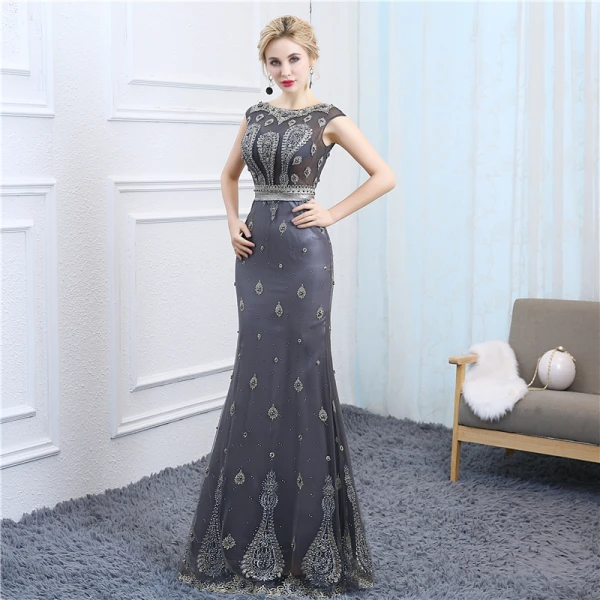 Chic / Belle Argenté Transparentes Robe De Soirée 2018 Trompette / Sirène Encolure Dégagée Sans Manches Perlage Perle Longue Robe De Ceremonie