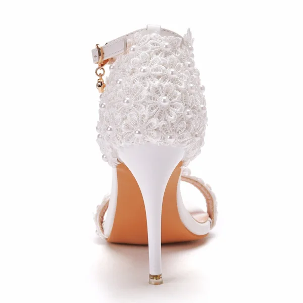 Charming White Pearl T-Strap Lace Flower Wedding Shoes 2021 9 cm Stiletto Heels Open / Peep Toe Wedding Sandals High Heels