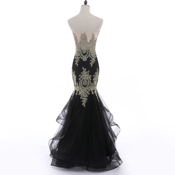 Charmant Noire Robe De Soirée 2018 Trompette / Sirène Bustier Dos Nu En Dentelle Fleur Faux Diamant Sans Manches Longue Robe De Ceremonie