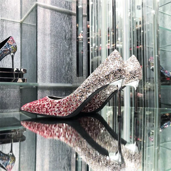 Scintillantes Argenté Cuir Soirée Escarpins 2019 Paillettes 8 cm Talons Aiguilles À Bout Pointu Escarpins