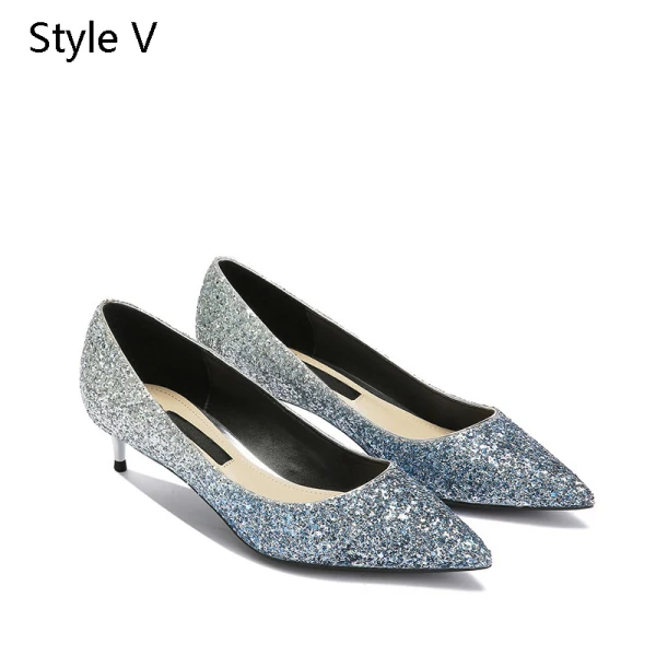 Schöne Silber Abend Pumps 2019 Leder Pailletten 4 cm Stilettos Spitzschuh Low Heel Pumps
