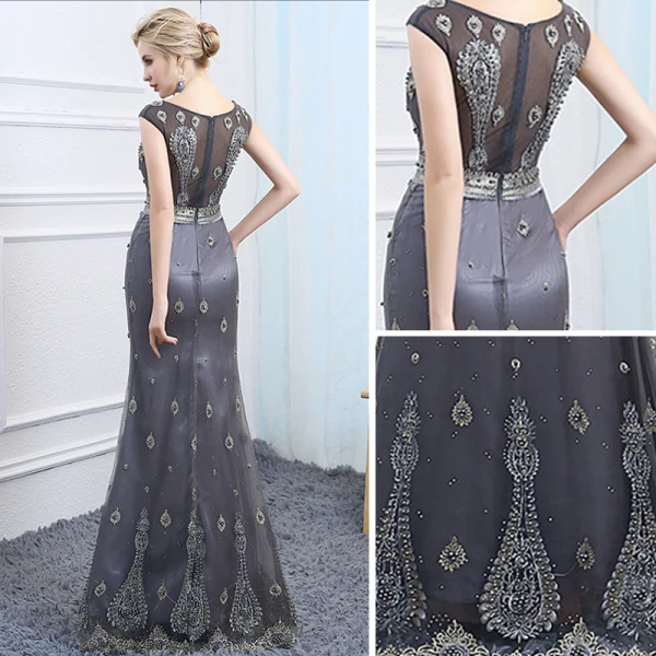 Chic / Belle Argenté Transparentes Robe De Soirée 2018 Trompette / Sirène Encolure Dégagée Sans Manches Perlage Perle Longue Robe De Ceremonie