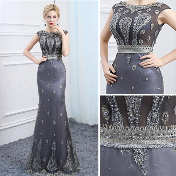 Chic / Belle Argenté Transparentes Robe De Soirée 2018 Trompette / Sirène Encolure Dégagée Sans Manches Perlage Perle Longue Robe De Ceremonie