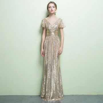 Chic Belle Scintillantes Champagne Robe De Soirée 2017 Trompette Sirène V Cou Rayé Dos Nu Paillettes Soirée Robe De Fete