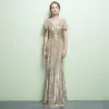 Chic / Beautiful Sparkly Champagne Evening Dresses  2017 Trumpet / Mermaid V-Neck Striped Backless Sequins Evening Party Party Dresses