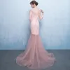 Amazing / Unique Blushing Pink Evening Dresses  2017 Trumpet / Mermaid U-Neck Lace Appliques Backless Embroidered Pierced Evening Party Formal Dresses