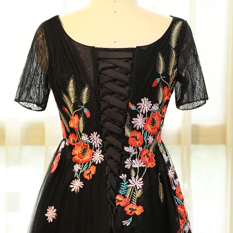 Flower Fairy Black Plus Size Evening Dresses 2018 A-Line / Princess V-Neck Tulle Backless Appliques Embroidered Evening Party Prom Dresses Flower Fairy Black Plus Size Evening Dresses 2018 A-Line / Princess V-Neck Tulle Backless Appliques Embroidered Evening Party Prom Dresses