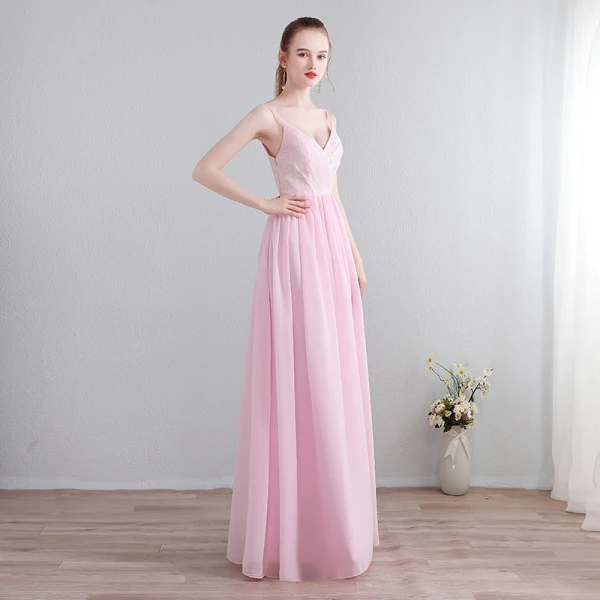 Modest / Simple Candy Pink Floor-Length / Long Evening Dresses  2018 A-Line / Princess Chiffon V-Neck Backless Printing Formal Dresses