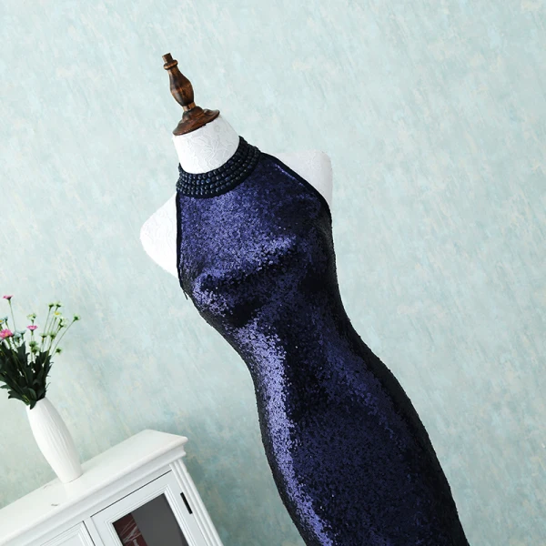 Sparkly Bling Bling Evening Dresses 2018 A-Line / Princess High Neck Zipper Up Navy Blue Court Train Beading Polyester Evening Party Formal Dresses