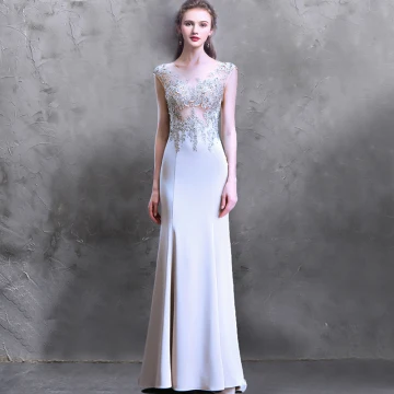 Luxury Gorgeous Sweep Train Grey Evening Dresses 2018 Trumpet Mermaid U Neck Charmeuse Appliques Backless Beading Evening Party Formal Dresses