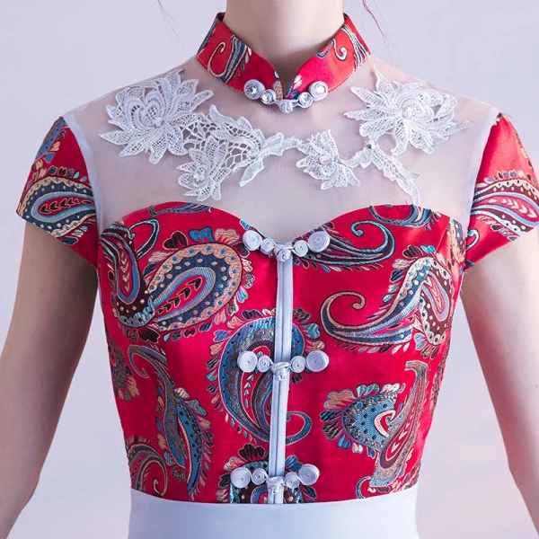 Chinesischer Stil Rot Himmelblau Abendkleider 2017 A Linie Stehkragen Charmeuse Schaltflächen Applikationen Stickerei Abend Festliche Kleider