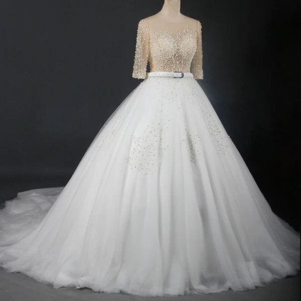 Luxe Witte Chapel Train Huwelijk 2018 Lange Mouwen Tule U-hals Doorzichtige Kralen Doorboord Rhinestone Baljurk Trouwjurken