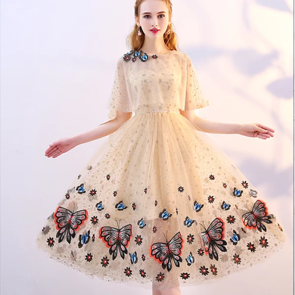Lovely Champagne Tea-length Graduation Dresses 2018 A-Line / Princess U-Neck Tulle With Shawl Butterfly Beading Appliques Formal Dresses