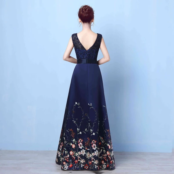 Flower Fairy Navy Blue Floor-Length / Long Evening Dresses 2018 A-Line / Princess U-Neck Appliques Backless Printing Beading Rhinestone Evening Party Formal Dresses