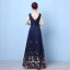 Flower Fairy Navy Blue Floor-Length / Long Evening Dresses  2018 A-Line / Princess U-Neck Appliques Backless Printing Beading Rhinestone Evening Party Formal Dresses