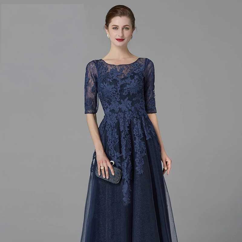 green emerald velvet dress Zapaka Women Dusty Blue Lace A-Line Mother of The Bride Dress Half Sleeves Tea Length Wedding Guest Bride Dress, Grey Blue / US6 main image 1