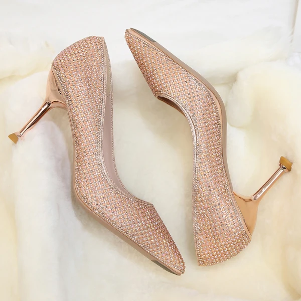 Scintillantes Bling Bling Argenté Chaussure De Mariée 2019 8 cm À Bout Pointu Cocktail Soirée Polyester Pailletée Perlage Faux Diamant Chaussures Femmes
