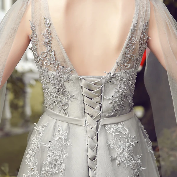 Chic / Beautiful Grey Evening Dresses 2017 Crossed Straps Appliques Backless Embroidered Pearl Pierced Strappy Chiffon Lace U-Neck Cocktail Party Sleeveless Evening Party