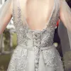 Chic / Beautiful Grey Evening Dresses  2017 Crossed Straps Appliques Backless Embroidered Pearl Pierced Strappy Chiffon Lace U-Neck Cocktail Party Sleeveless Evening Party