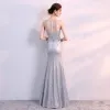 Sparkly Silver Evening Dresses  2017 Trumpet / Mermaid Lace U-Neck Appliques Backless Sequins Evening Party Formal Dresses