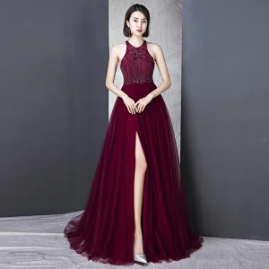 Chic Belle Bordeaux Robe De Soirée 2018 Princesse Col Haut Tulle Dos Nu Perlage Paillettes Soirée Robe De Ceremonie