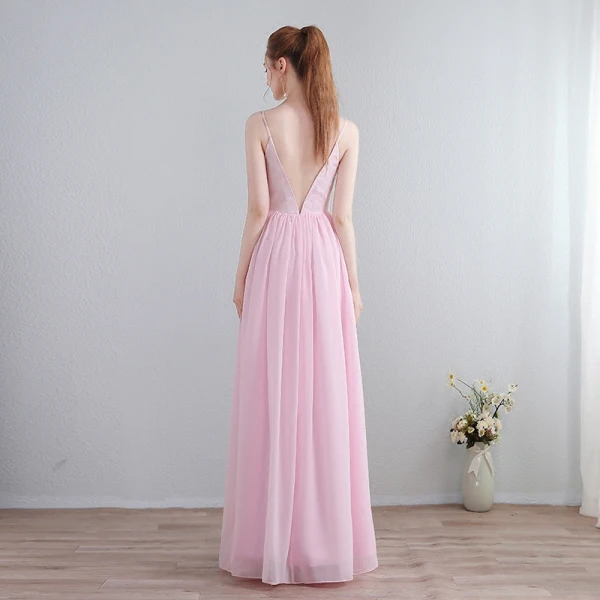 Modest / Simple Candy Pink Floor-Length / Long Evening Dresses  2018 A-Line / Princess Chiffon V-Neck Backless Printing Formal Dresses