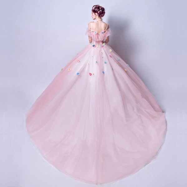 Blumenfee Rosa Lange Ballkleider 2018 Spaghettiträger Tülle Perlenstickerei Applikationen Rückenfreies Ballkleid Ball Festliche Kleider