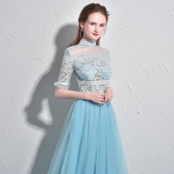 Chic / Belle Bleu Ciel Robe De Bal 2017 Princesse Col Haut Tulle Fait main Appliques Dos Nu Perlage Promo Robe De Ceremonie