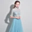 Chic / Belle Bleu Ciel Robe De Bal 2017 Princesse Col Haut Tulle Fait main Appliques Dos Nu Perlage Promo Robe De Ceremonie
