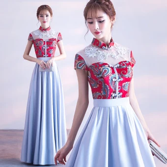 Style Chinois Rouge Bleu Ciel Robe De Soirée 2017 Princesse Col Haut Charmeuse Boutons Appliques Brodé Soirée Robe De Ceremonie