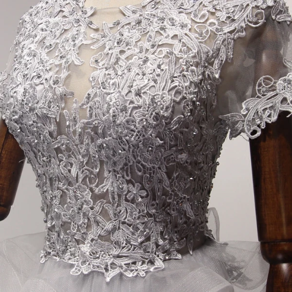 Snygga / Fina Silver Aftonklänningar 2017 Prinsessa Tyll U-Hals Appliqués Halterneck Beading Afton Formella Klänningar