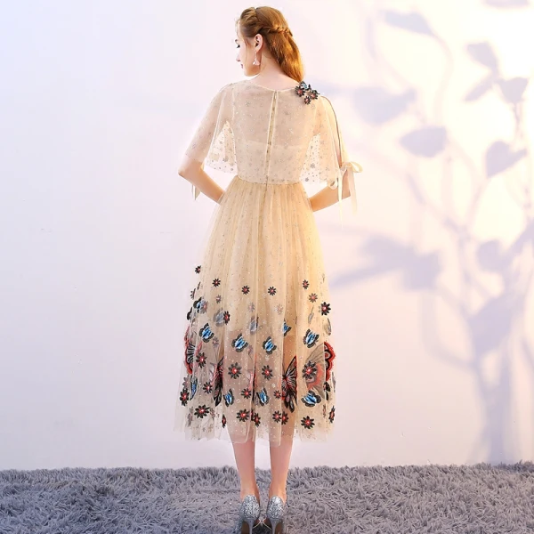 Lovely Champagne Tea-length Graduation Dresses 2018 A-Line / Princess U-Neck Tulle With Shawl Butterfly Beading Appliques Formal Dresses