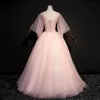 Amazing / Unique Blushing Pink Floor-Length / Long Prom Dresses 2018 V-Neck Tulle Feather Appliques Backless Beading Ball Gown Prom Formal Dresses