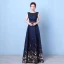 Flower Fairy Navy Blue Floor-Length / Long Evening Dresses  2018 A-Line / Princess U-Neck Appliques Backless Printing Beading Rhinestone Evening Party Formal Dresses