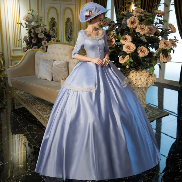 Vintage Traditioneel Oceaan Blauw Lange Baljurk Galajurken 2018 U-hals Charmeuse Lace-up Ruglooze Gala Gelegenheid Jurken