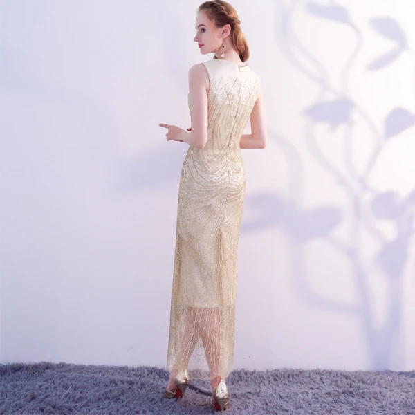 Sparkly Bling Bling Gold Tea-length Evening Dresses  2018 Trumpet / Mermaid U-Neck Tulle Beading Sequins Formal Dresses