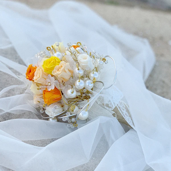 Modern / Fashion Champagne Wedding Flowers 2020 Handmade Beading Crystal Flower Pearl Lace Tulle Metal Bridal Wedding Prom Accessories