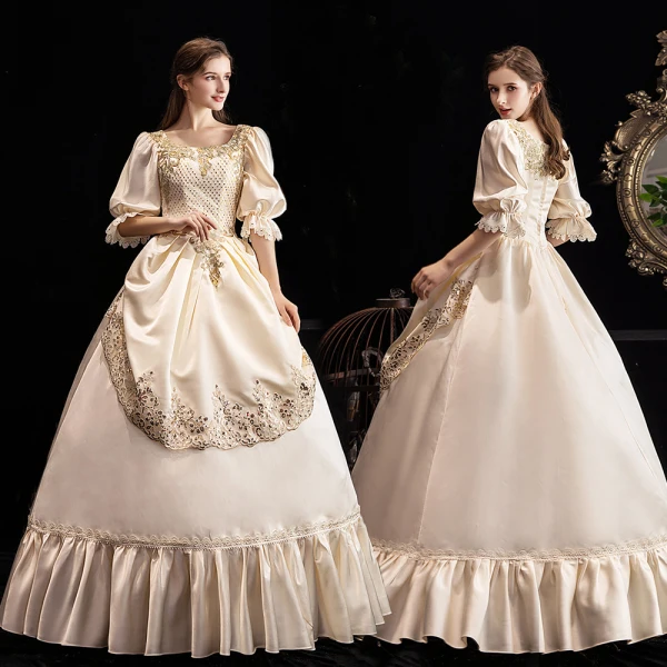 Vintage / Retro Medieval Champagne Prom Dresses 2021 Tulle Satin 3D Lace Beading Sequins Handmade Cosplay Prom Formal Dresses