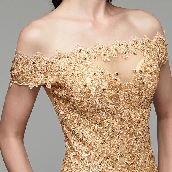 Modern / Fashion Gold Evening Dresses 2020 Trumpet / Mermaid Off-The-Shoulder Floor-Length / Long Embroidered Appliques Backless Beading Sequins Evening Party Formal Dresses