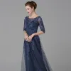 Classic Elegant Mother Of The Bride Dresses 2020 Floor-Length / Long A-Line / Princess U-Neck 1/2 Sleeves Navy Blue Backless Embroidered Wedding Evening Party Wedding Party Dresses
