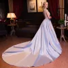 Luxe Bleu Ciel Robe De Bal 2017 V-Cou Dentelle Dos Nu Fait main Mariage Robe De Ceremonie