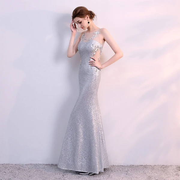 Glitzernden Silber Abendkleider 2017 Mermaid Spitze U-Ausschnitt Applikationen Rückenfreies Pailletten Abend Festliche Kleider