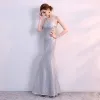 Brillante Plata Vestidos de noche 2017 Trumpet / Mermaid De Encaje U-escote Apliques Sin Espalda Lentejuelas Noche Vestidos Formales