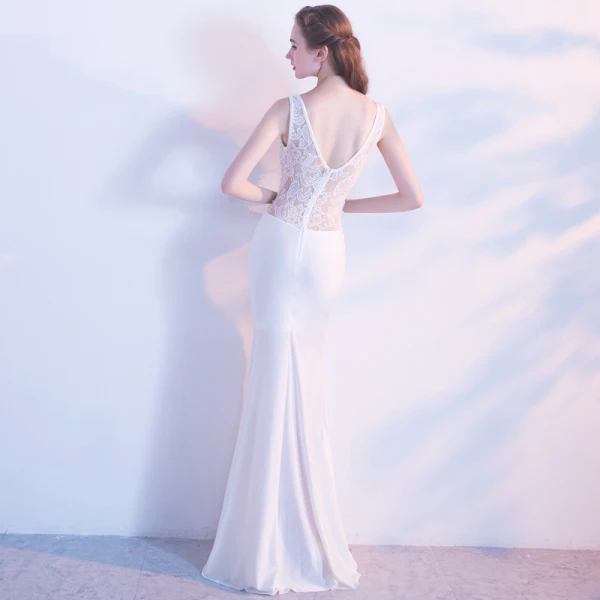 Chic / Beautiful White Evening Dresses 2017 Trumpet / Mermaid V-Neck Charmeuse Backless Pearl Pierced Rhinestone Party Dresses
