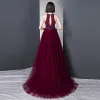 Chic / Beautiful Burgundy Evening Dresses  2018 A-Line / Princess High Neck Tulle Backless Beading Sequins Evening Party Formal Dresses
