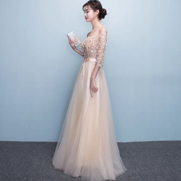 Chic / Beautiful Champagne Evening Dresses A-Line / Princess Tulle Strapless Appliques Backless Beading Crystal Evening Party Formal Dresses