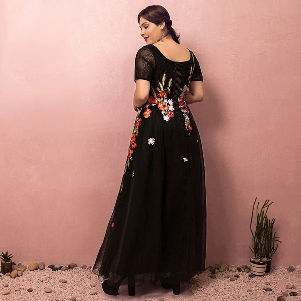 Flower Fairy Black Plus Size Evening Dresses 2018 A-Line / Princess V-Neck Tulle Backless Appliques Embroidered Evening Party Prom Dresses