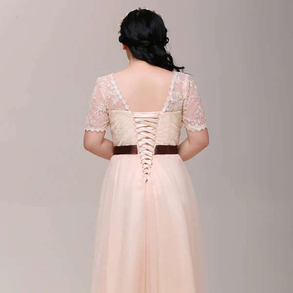 Charming Champagne Plus Size Graduation Dresses 2018 A-Line / Princess Lace-up Tulle U-Neck Appliques Backless Embroidered Homecoming Formal Dresses