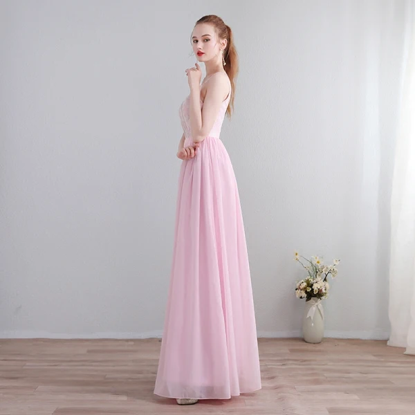 Modest / Simple Candy Pink Floor-Length / Long Evening Dresses  2018 A-Line / Princess Chiffon V-Neck Backless Printing Formal Dresses