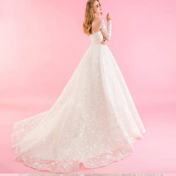 Luxe Champagne Chapel Train Huwelijk 2018 Lange Mouwen A lijn Tule U-hals Lace-up Appliques Ruglooze Geborduurde Trouwjurken